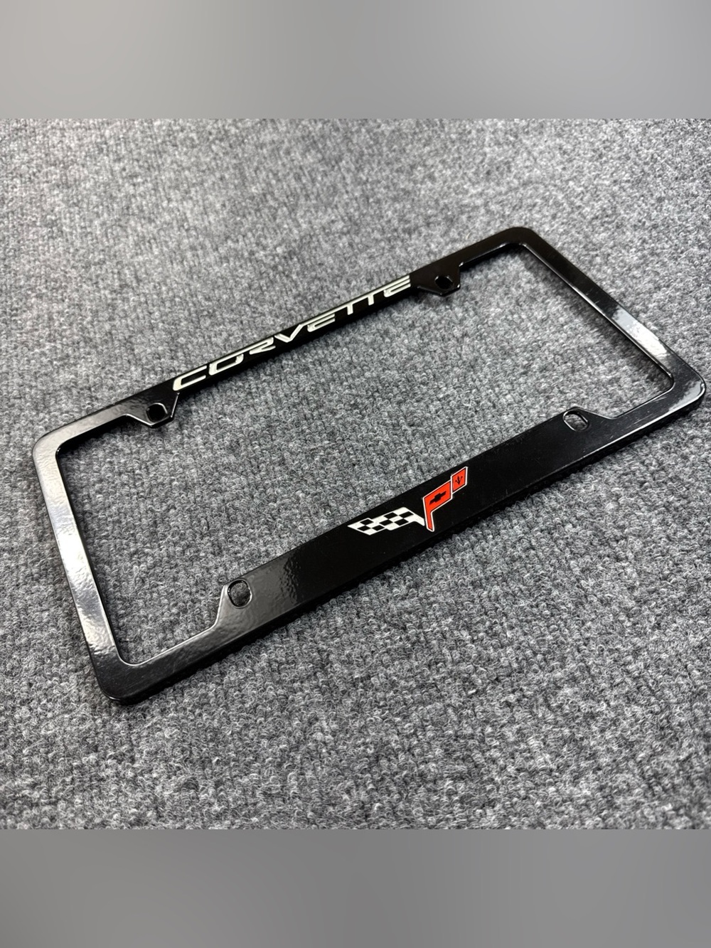 Corvette License Plate Frame with Racing Emblem - Black